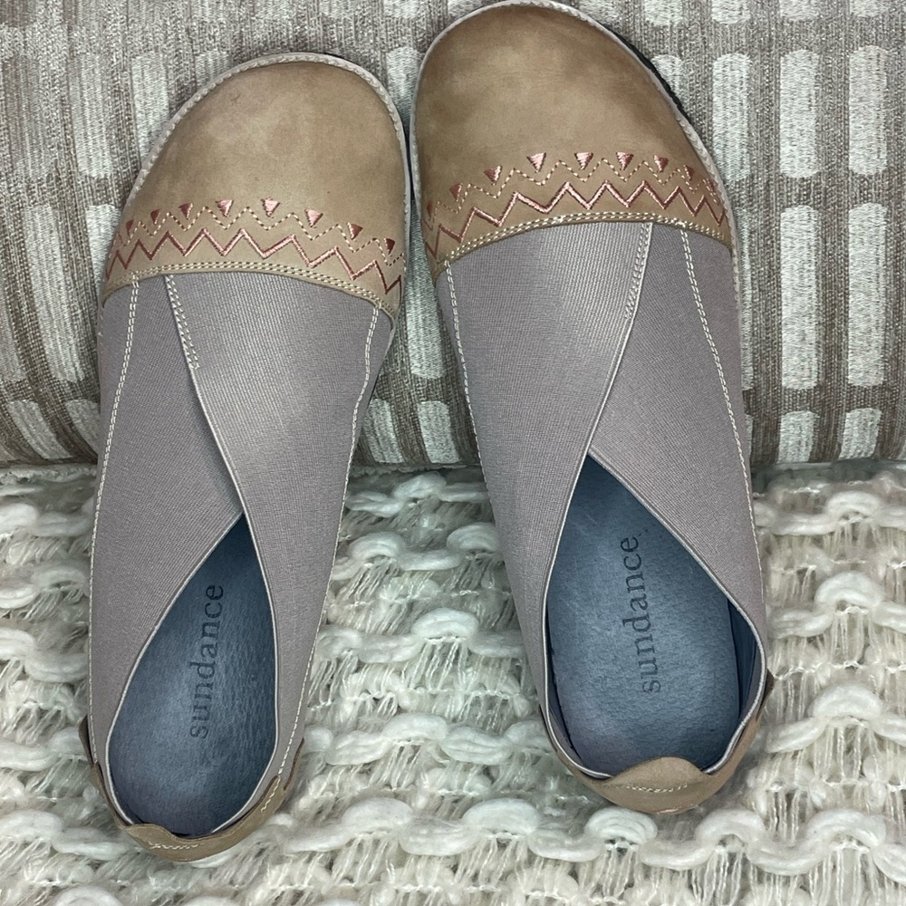 Sundance Women's Leather and Embroidered Tan and Taupe Elastic Banded Shoes